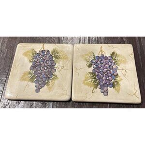Tabletops Unlimited Cabernet Trivets Set‎ Of 2 Purple Grapes Hand Painted 6 Inch